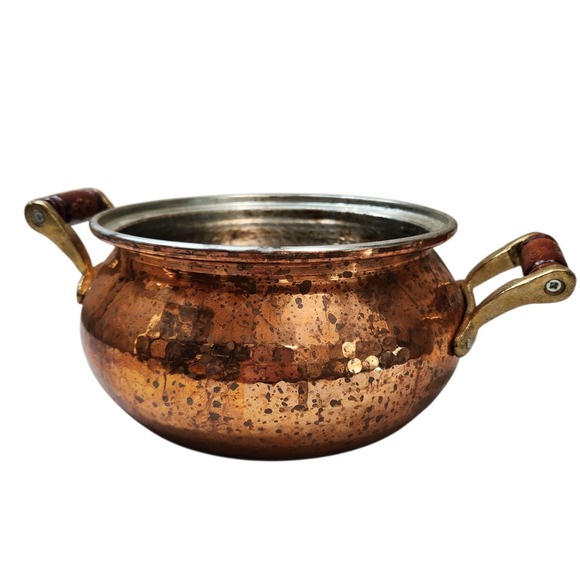 Vintage French Hammered Copper Stock Pot Tin Brass Handles Decorative **NO Lid**